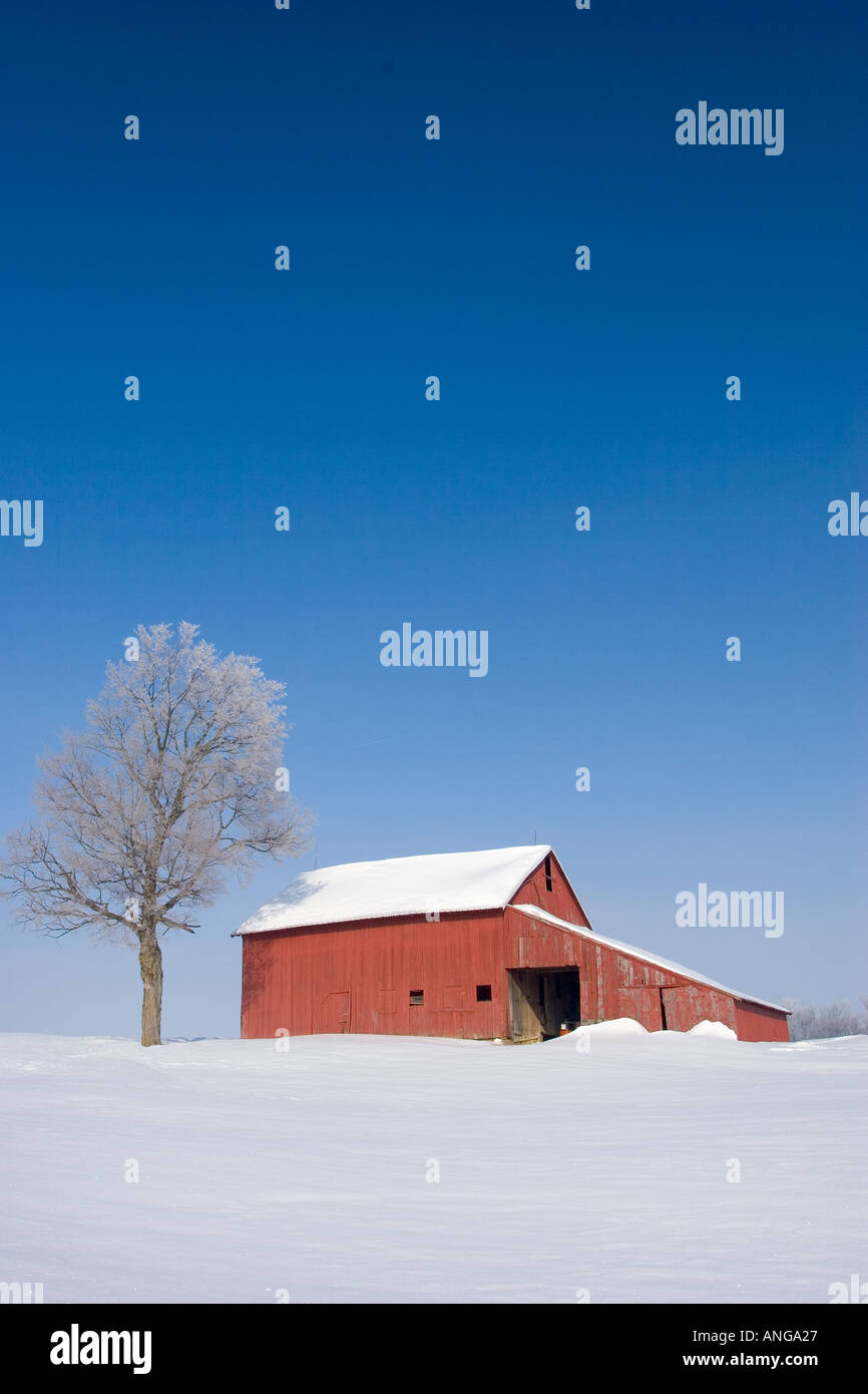 Rote Scheune in Indiana Winter Stockfoto