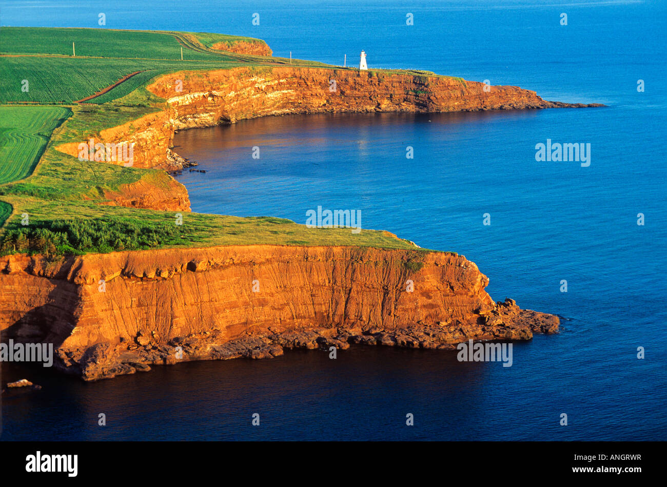 Luftaufnahmen von Sandsteinfelsen und Leuchtturm am Cape Tryon, Prince Edward Island, Kanada. Stockfoto