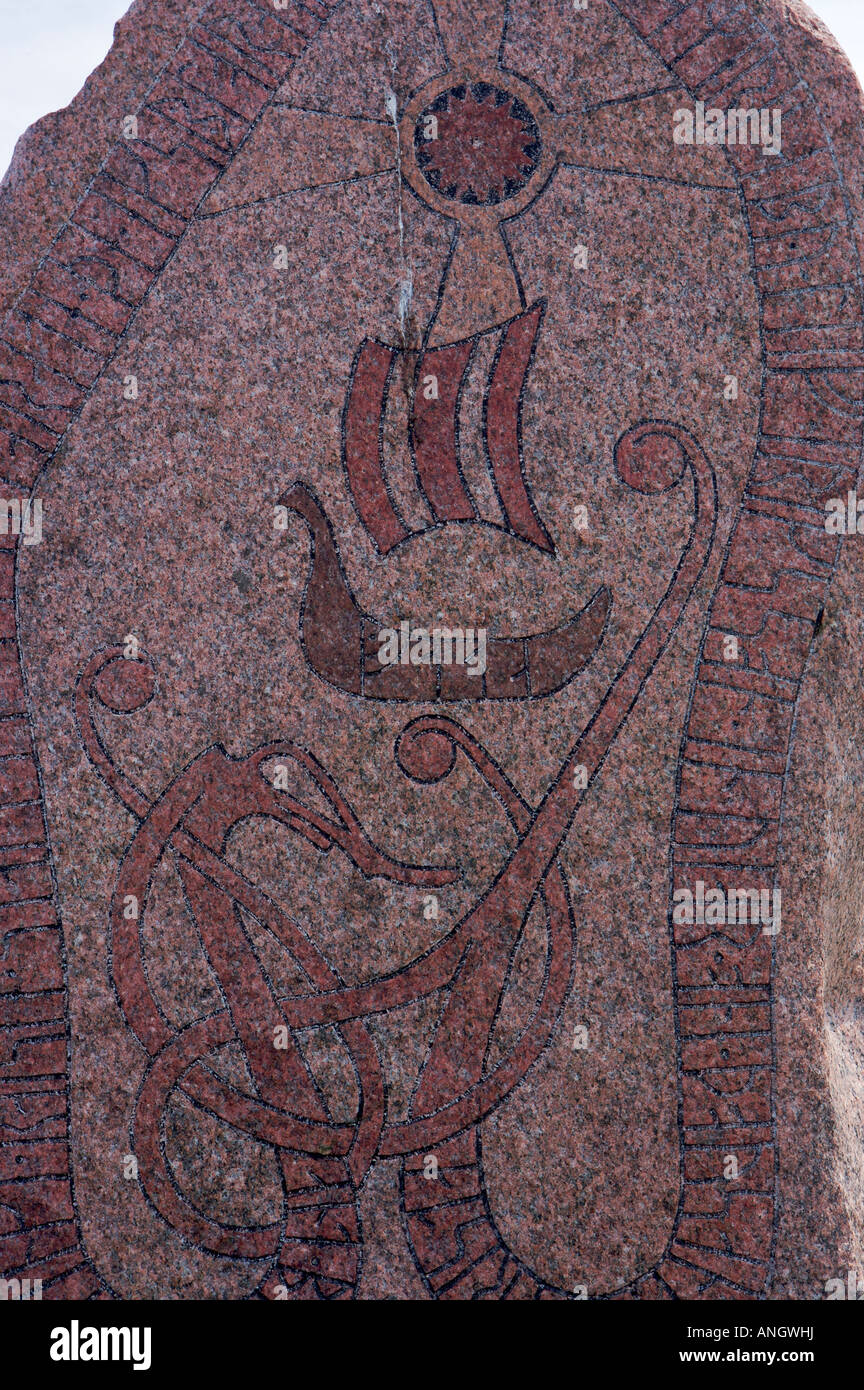 Gravierte Steinplatte an den Norstead Viking Website, Viking Seehandel, Trails, die Wikinger, Viking Trail, Great Northern Penin Stockfoto