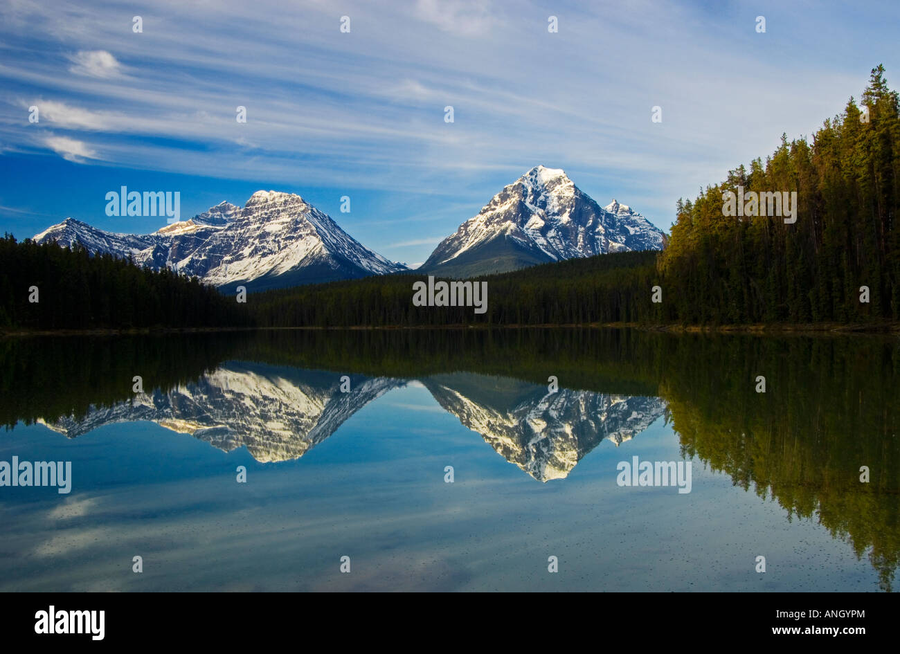 Kanadischen Rocky Mountains im Leech See widerspiegelt; Whirlpool-Peak auf der linken Seite und Mt Fryatt rechts, Jasper Nationalpark, Alberta, Stockfoto