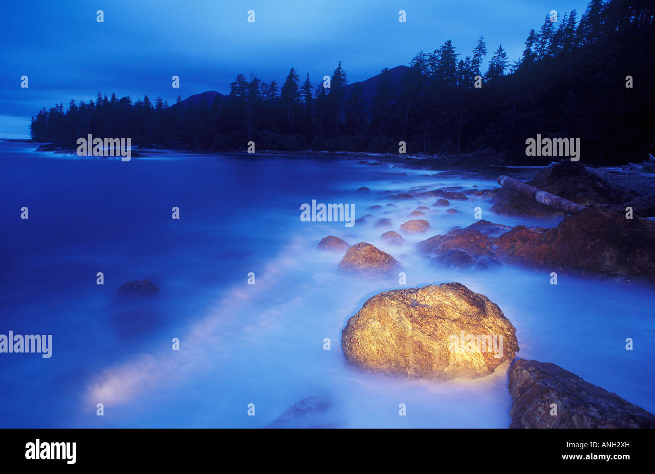 Malen mit Licht, Rennell Sound, Queen Charlotte Islands, British Columbia, Kanada. Stockfoto
