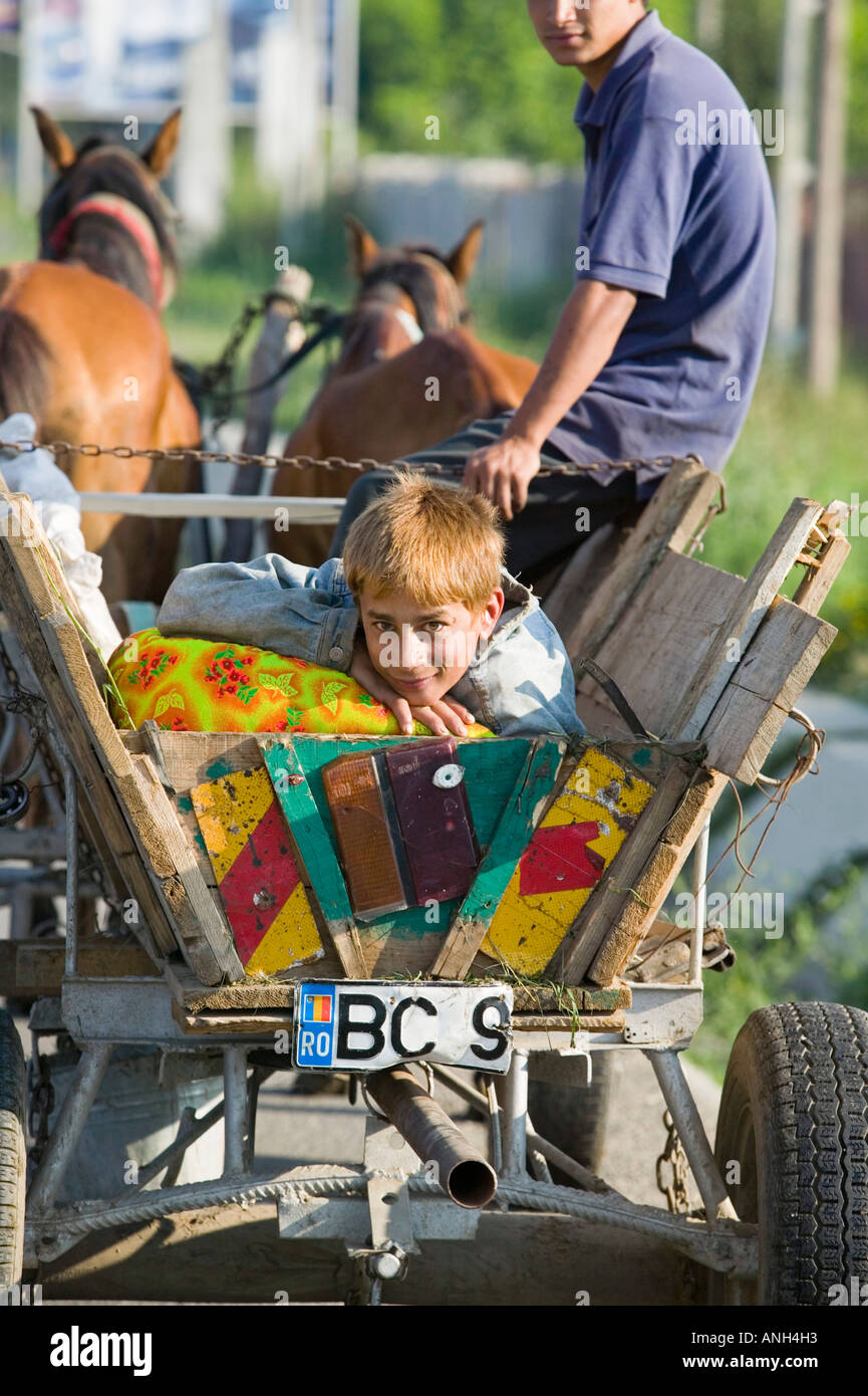 Zigeuner/Roma mit Pferd & Wagen, Moldavien, Rumänien Stockfoto