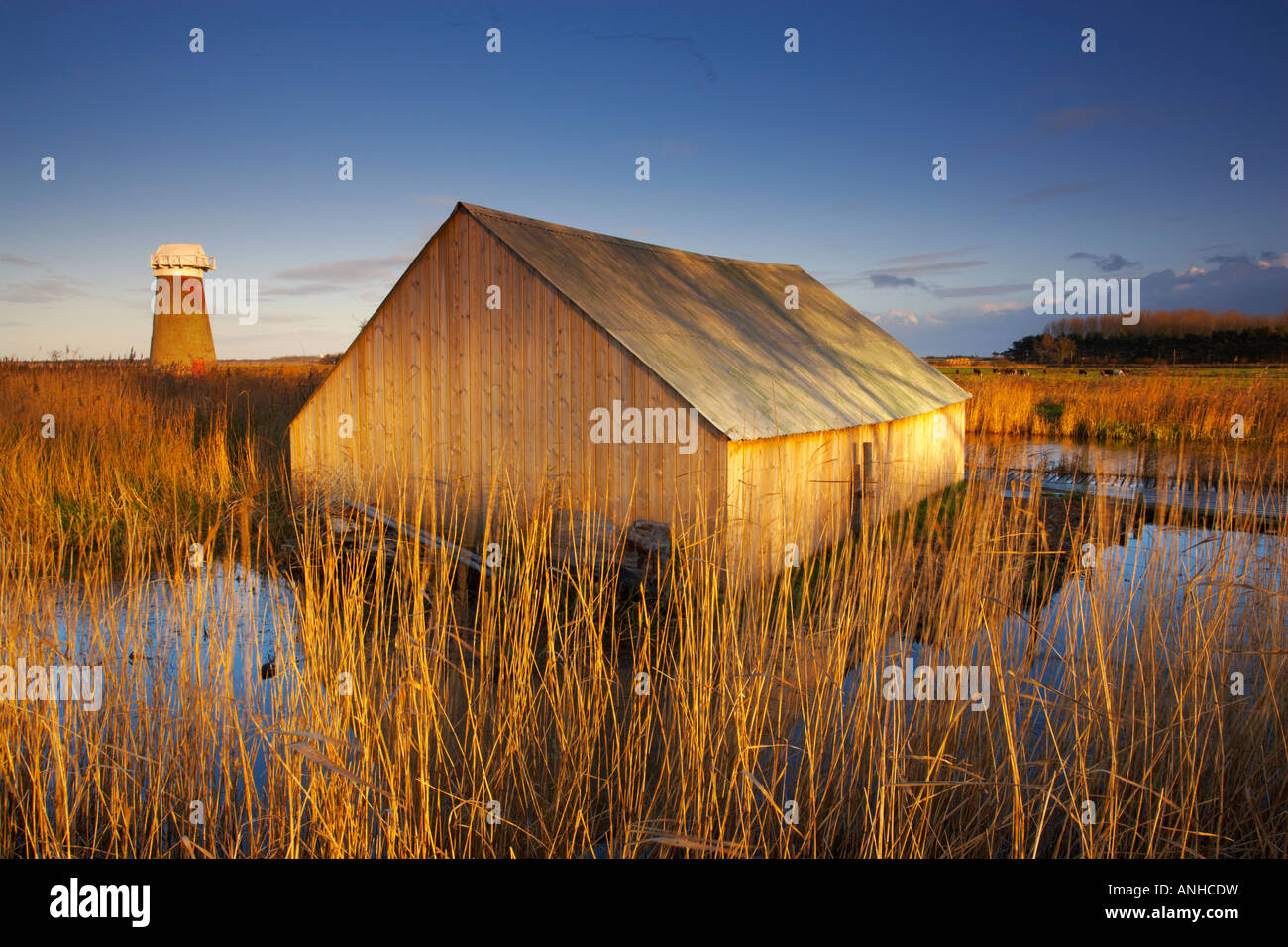 West Somerton an einem Wintermorgen mit Bootshaus und West Somerton Mill, Norfolk Broads Stockfoto