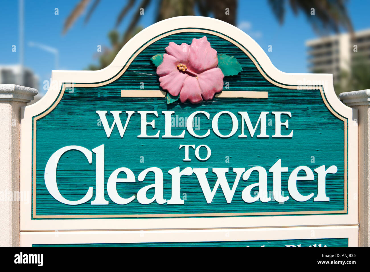 Willkommen bei Clearwater Zeichen, Clearwater Beach, Golfküste, Florida, USA Stockfoto