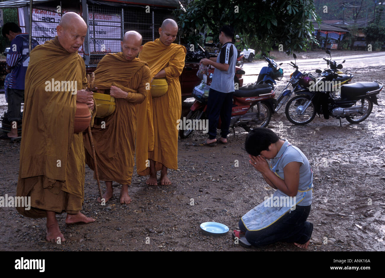 Menschen anbietennahrung, Mönche und beten Chiang Mai Thailand Stockfoto