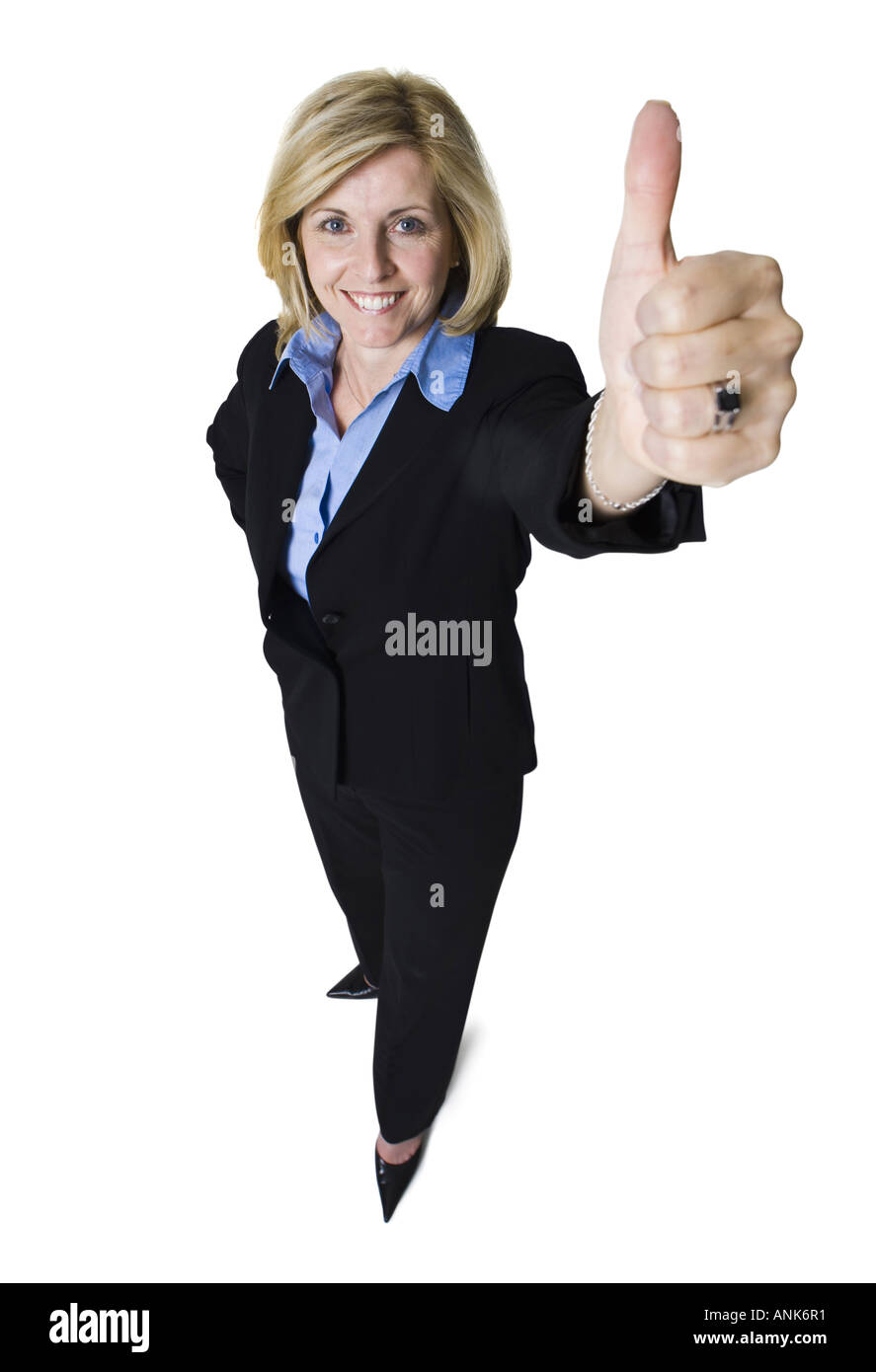 Vogelperspektive Blick auf eine Geschäftsfrau zeigt Daumen hoch Zeichen Stockfoto