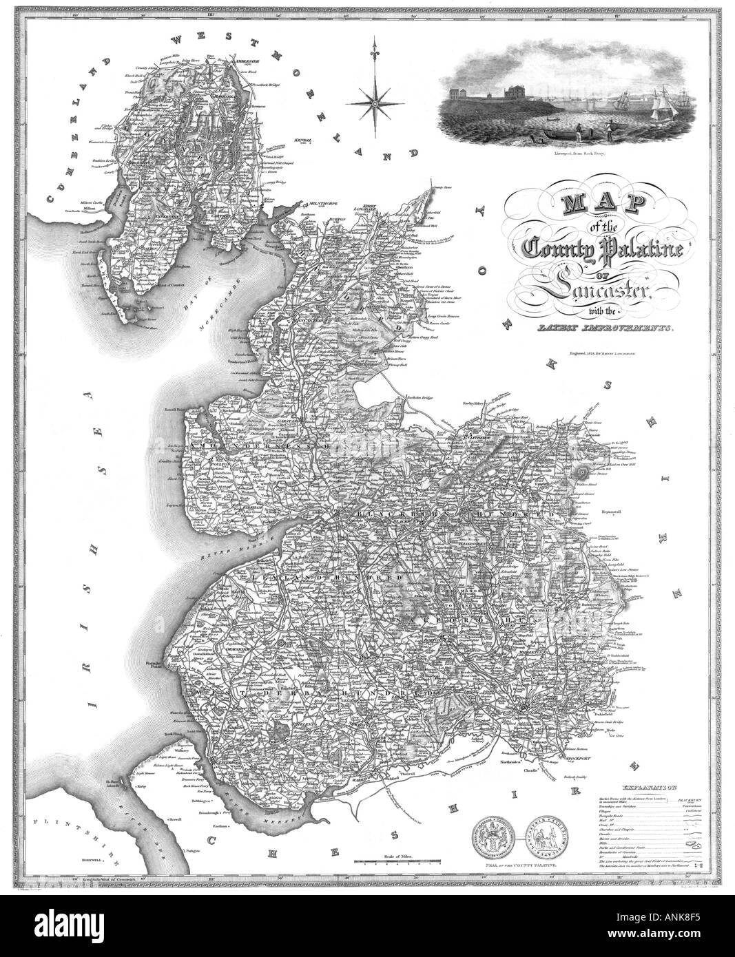 Lancashire Antike Landkarte Baines 1824 Stockfoto