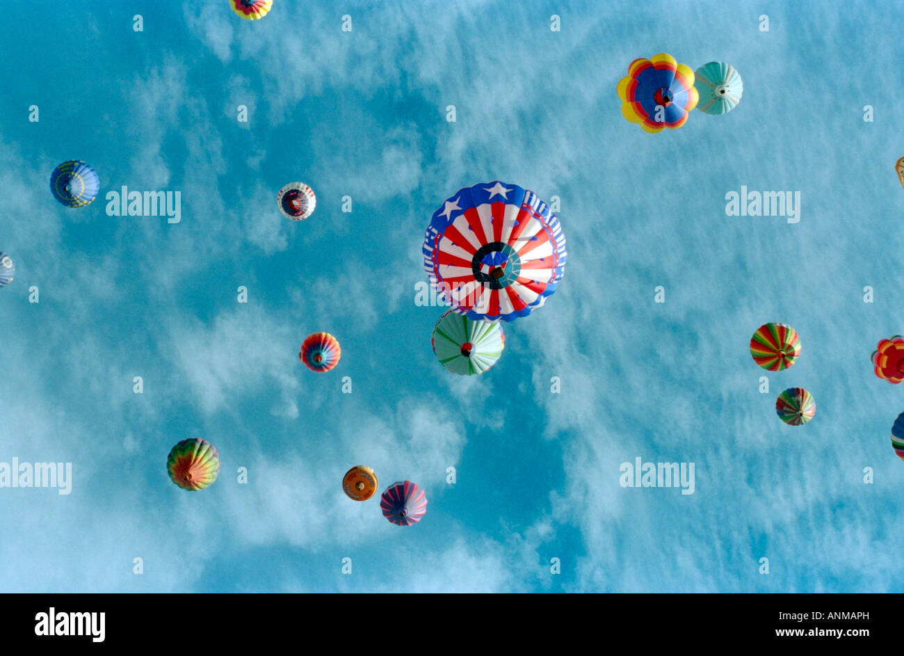 Eine Gruppe von Heißluftballons in einem blauen Himmel Stockfoto