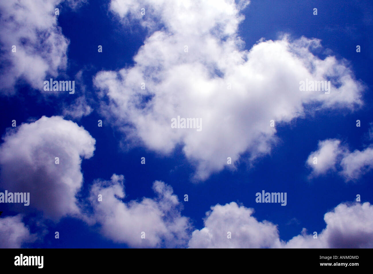 Ein tiefblauer Himmel mit vereinzelten Flecken von flauschige weiße Wolken Stockfoto