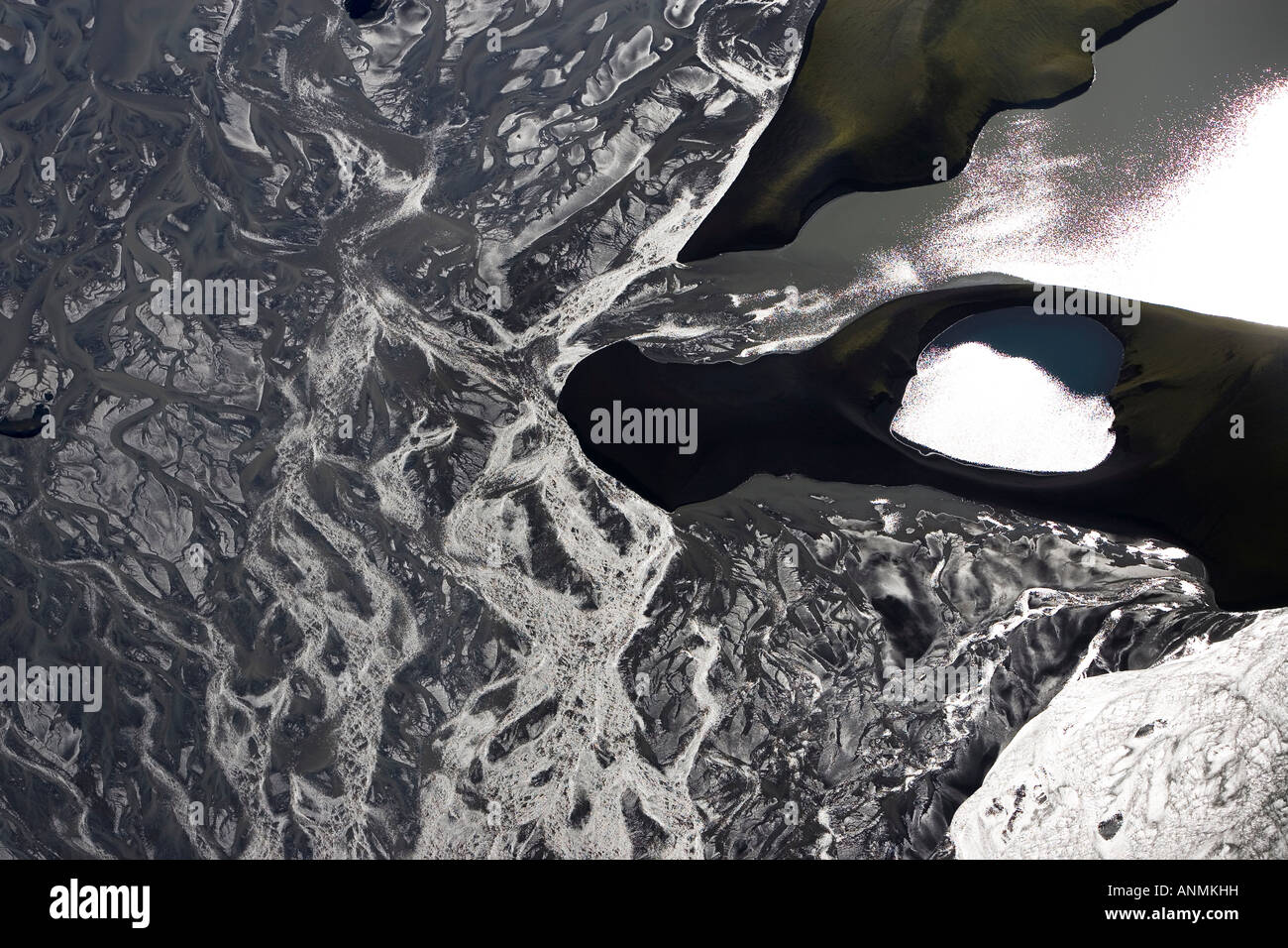 Luftaufnahme von Flüssen und Seen im Hochland von Island Stockfoto