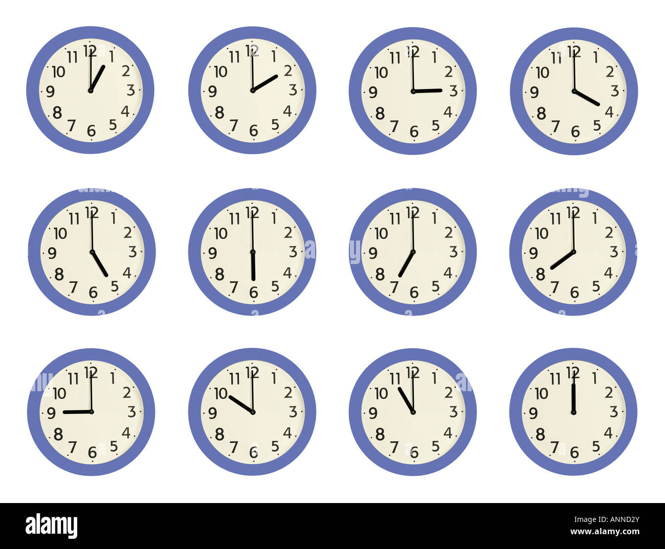 Reihenfolge der Uhren zeigen volle Stunden Stockfoto