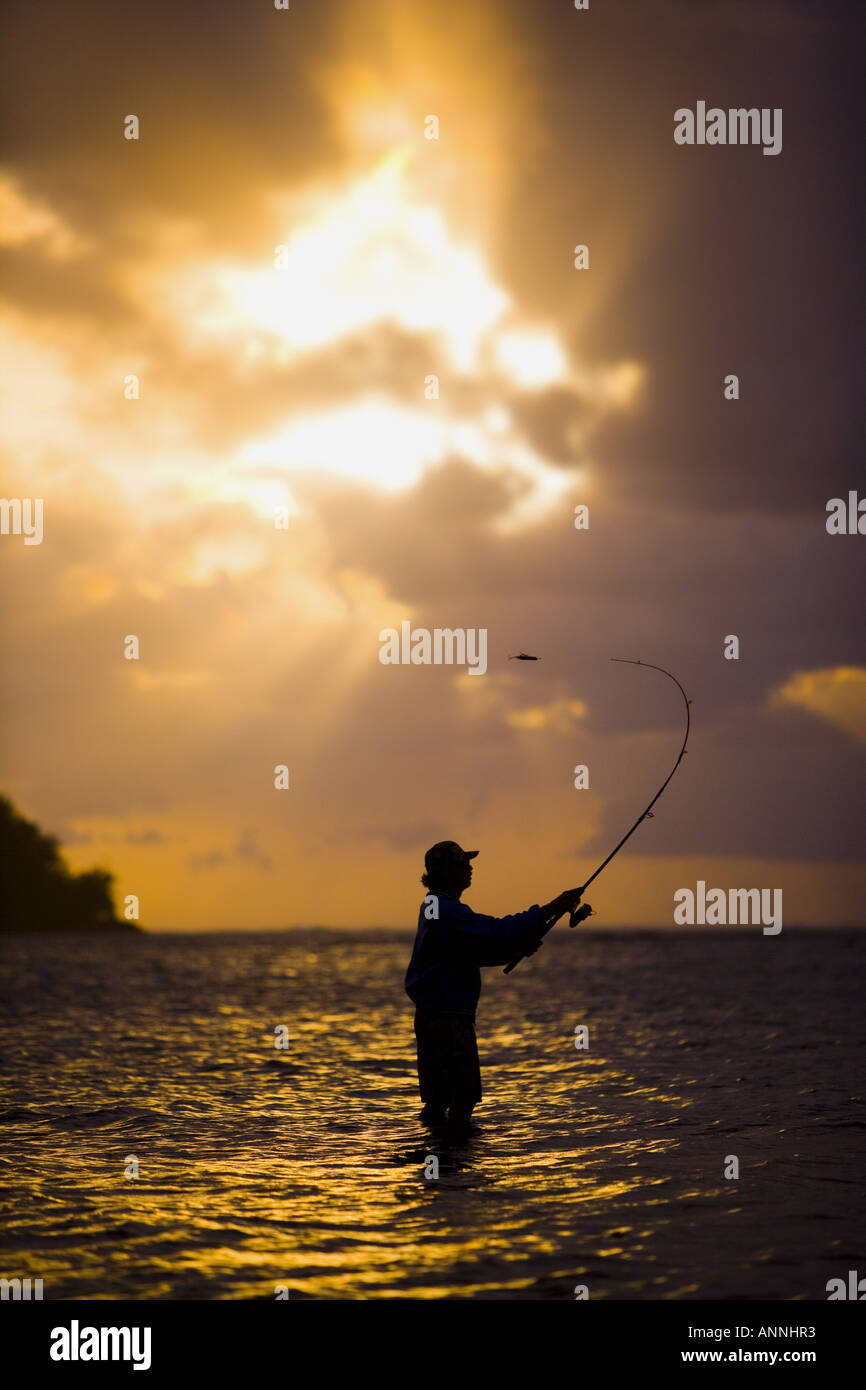 Silhouette von einem Mann-Fliegenfischen Stockfoto