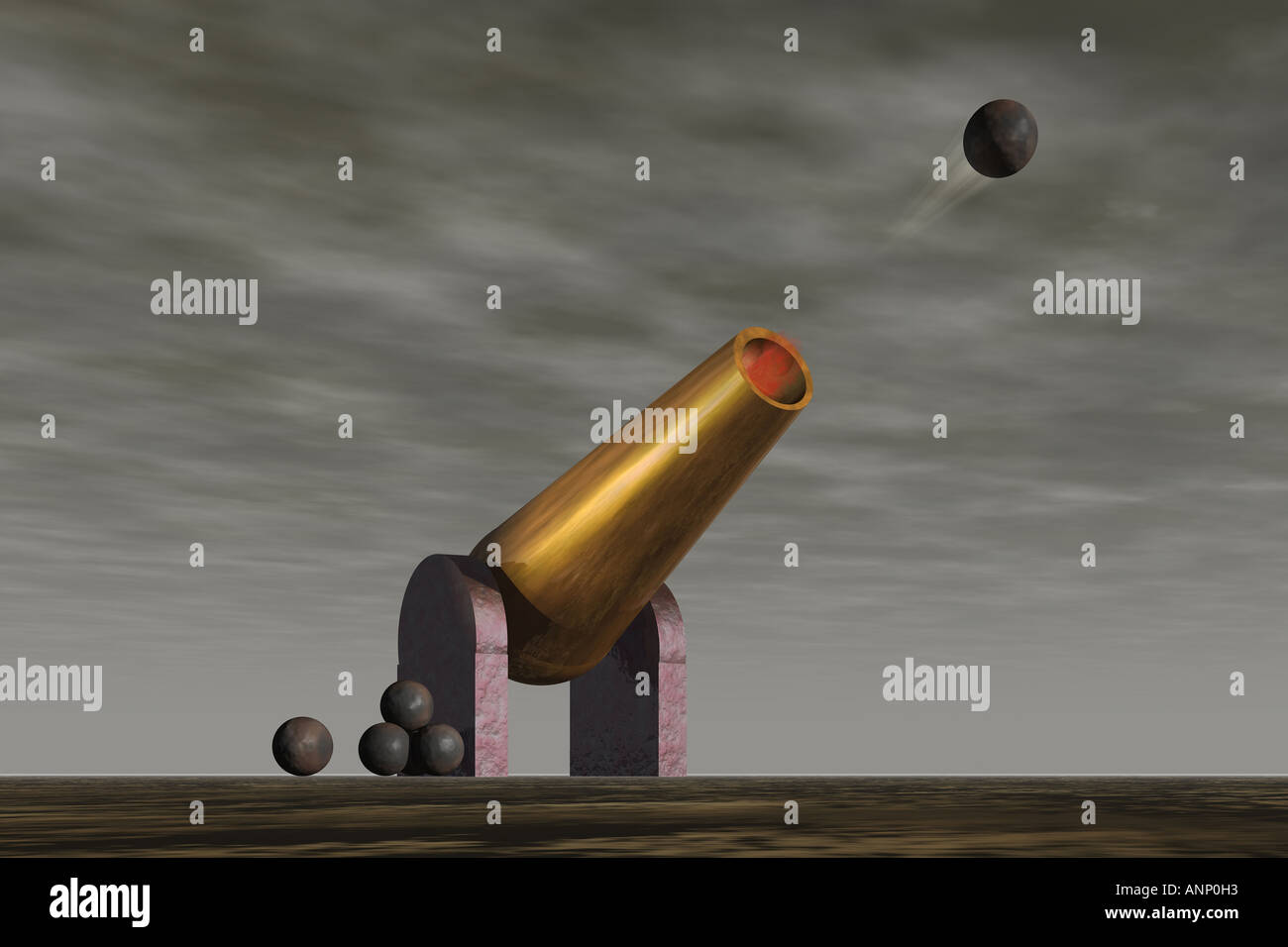 Niedrigen Winkel Ansicht einer Messing-Kanone feuern Kanonenkugeln in einem grauen Himmel Stockfoto