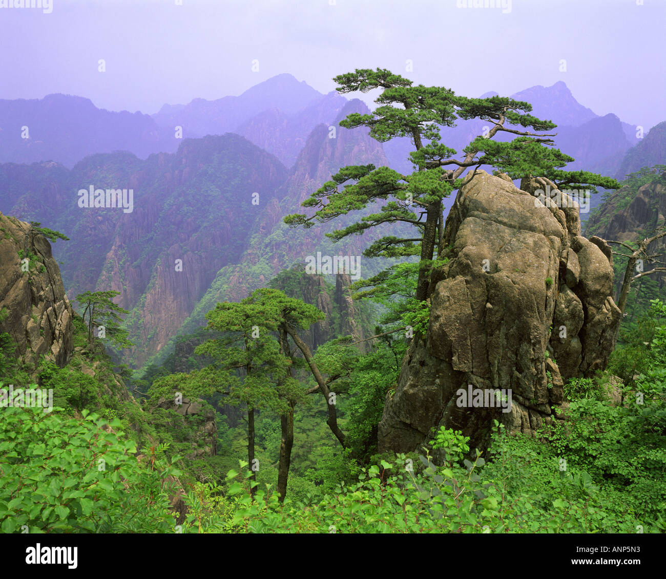 Blick auf einen Felsblock und Gebirge Stockfoto