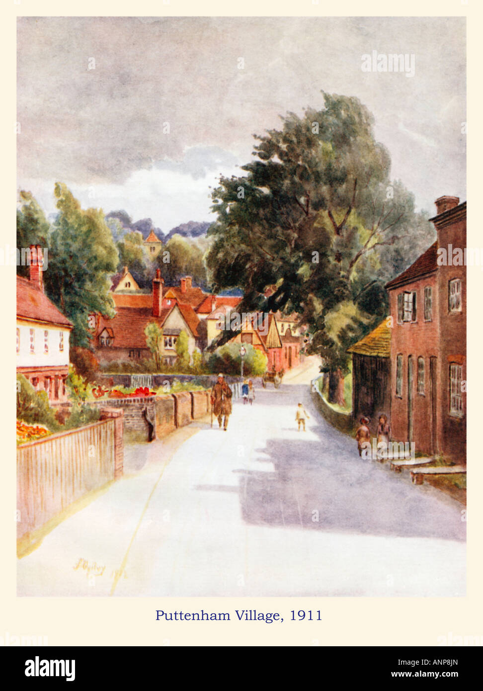 Puttenham Surrey 1911 Aquarell der Ansicht auf der Dorfstraße in Richtung der Kirche Stockfoto