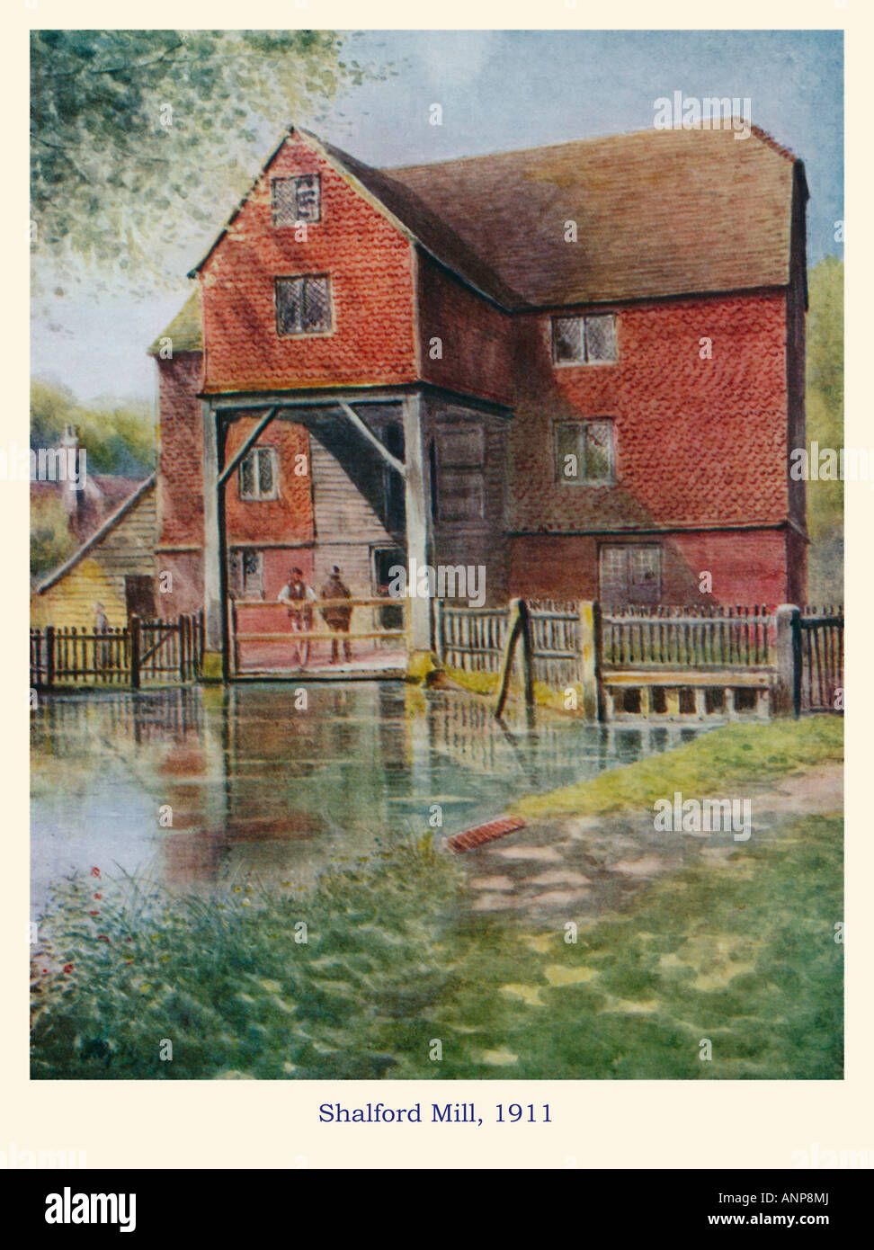 Aquarell, Shalford Mühle 1911 die Wassermühle aus dem 18. Jahrhundert auf dem Fluß Tillingbourne im Surrey Dorf Stockfoto