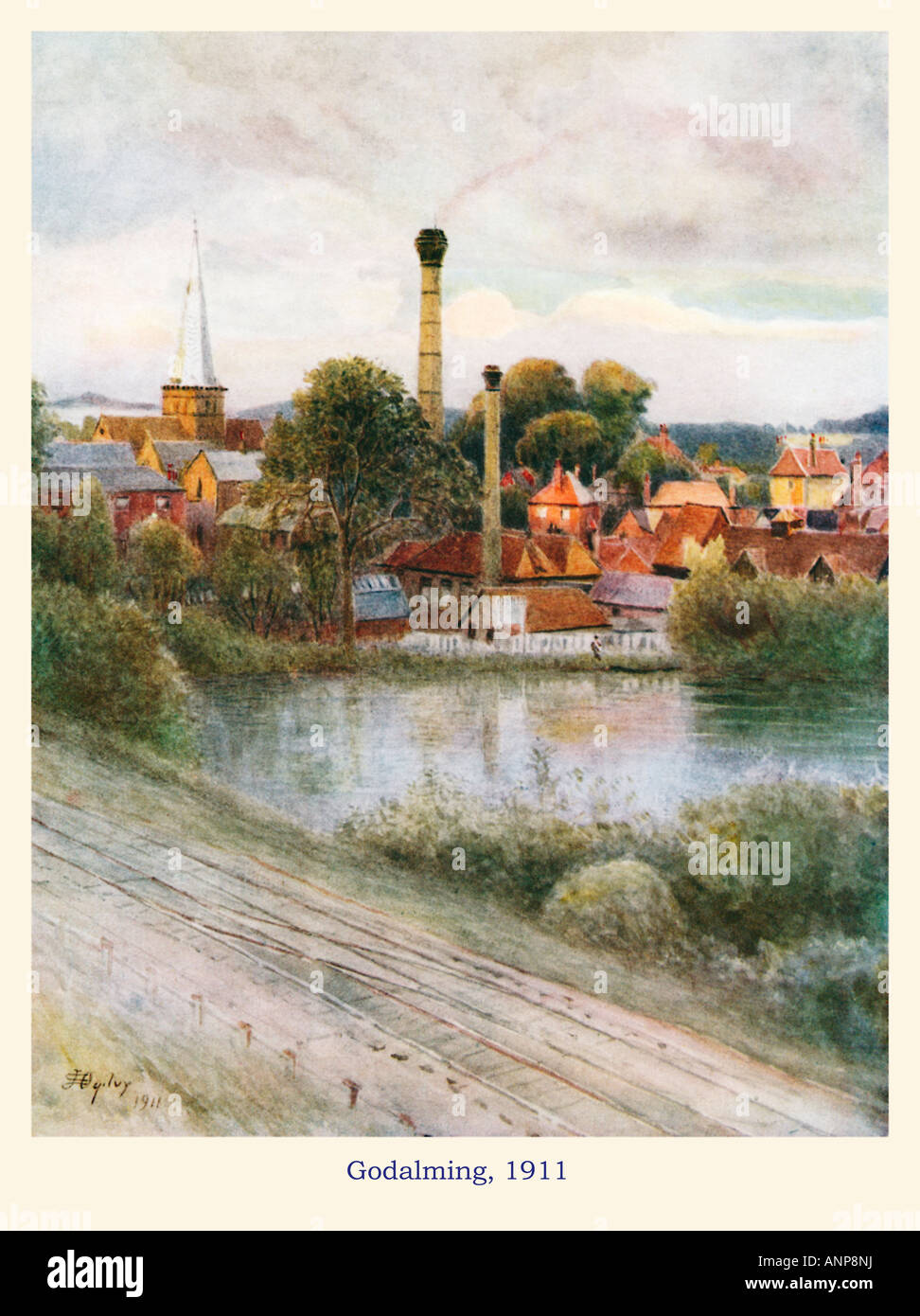 Godalming 1911 Aquarell, der Blick über das Wasser der Stadt Surrey Stockfoto