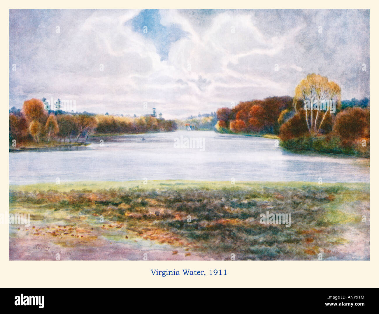 Virginia Wasser 1911 Aquarell von Surrey See und Ausflugsort in der Nähe von Windsor in Herbst Farben Stockfoto