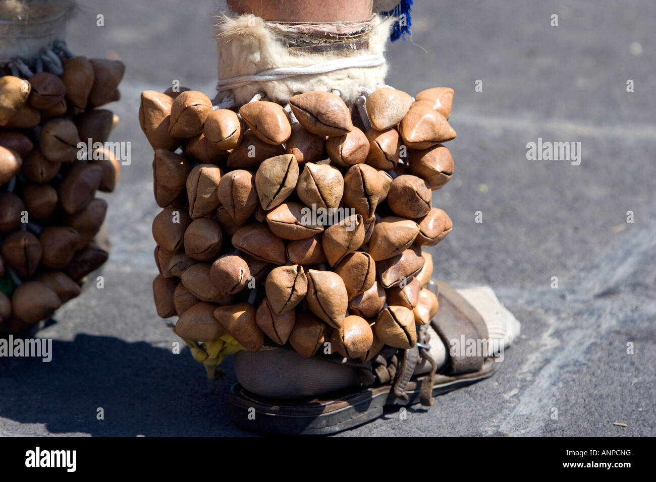 Aztekische indische mit Stiefeln mit Nussschalen während einer Feier für den Tag der Toten in Mexiko-Stadt Mexiko Stockfoto