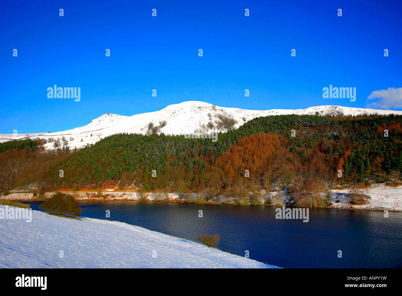 Winterschnee am Derwent Rand mit Blick auf Ladybower Vorratsbehälter oberen Derwent Valley Peak District Nationalpark Derbyshire England Stockfoto