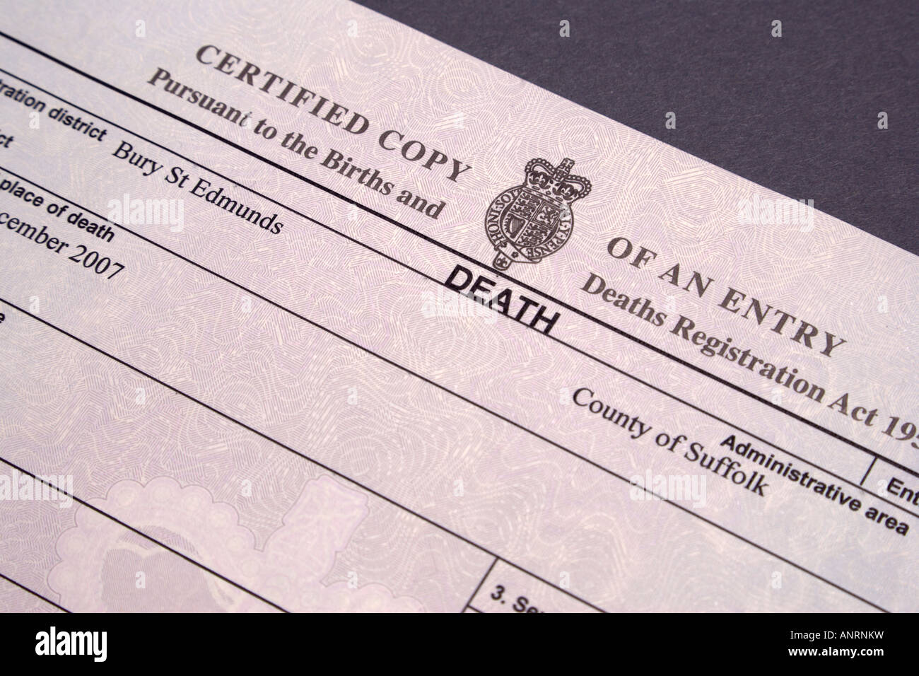 Sterbeurkunde wie im Vereinigten Königreich verwendet Stockfoto