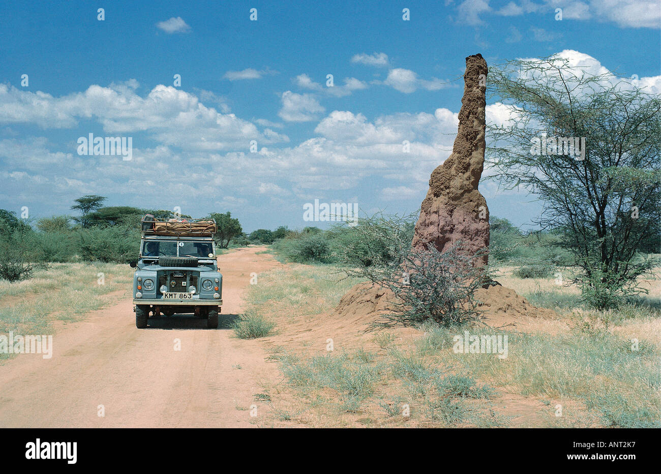 Landrover in der Nähe von sehr hohen Termite Hügel im nördlichen Kenia in Ostafrika Stockfoto