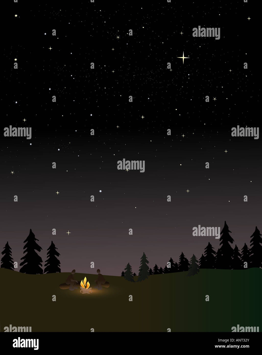 Menschen um ein Lagerfeuer in der Nacht unter den Sternen Stockfoto