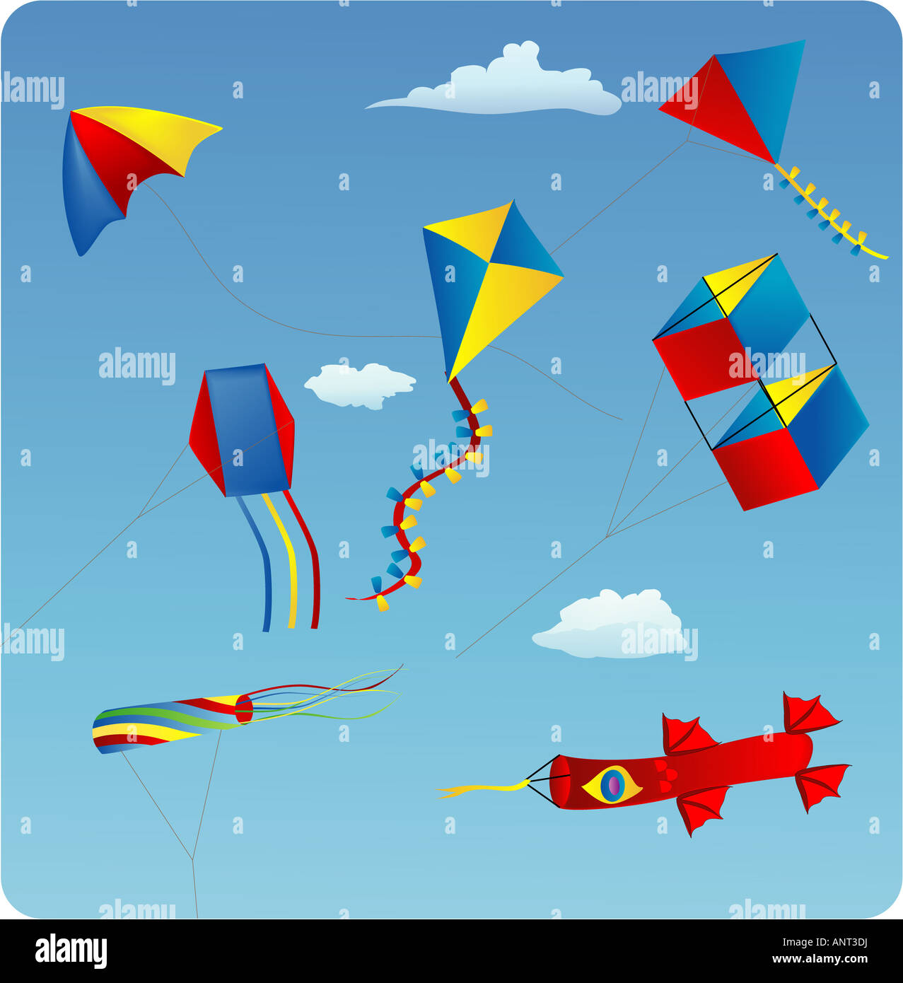 Vektor-Illustration von verschiedenen Drachen in den blauen Himmel Stockfoto