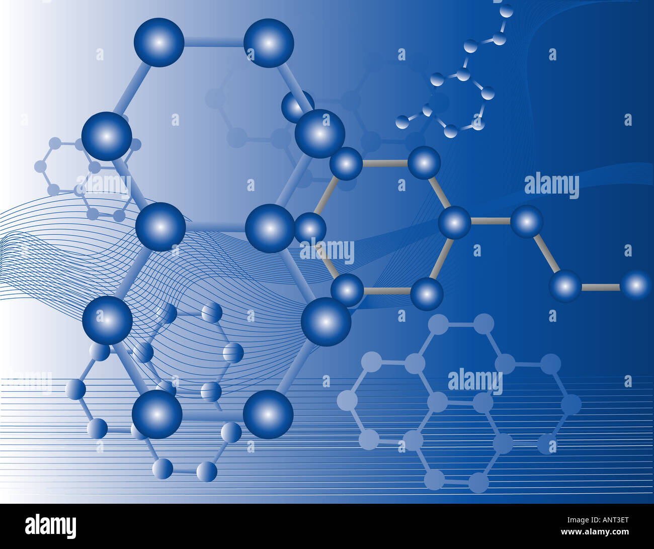 Abstrakte Darstellung von organischen Molekülen mit blauem Hintergrund Stockfoto