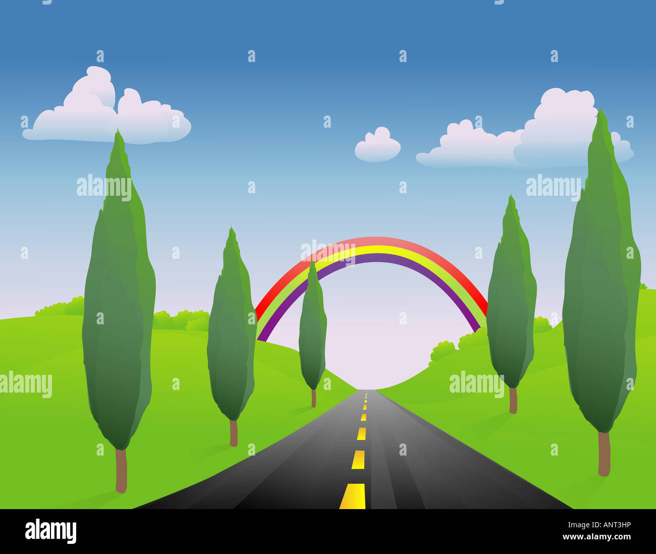 Frühling-Straße mit einem Regenbogen am Ende Stockfoto