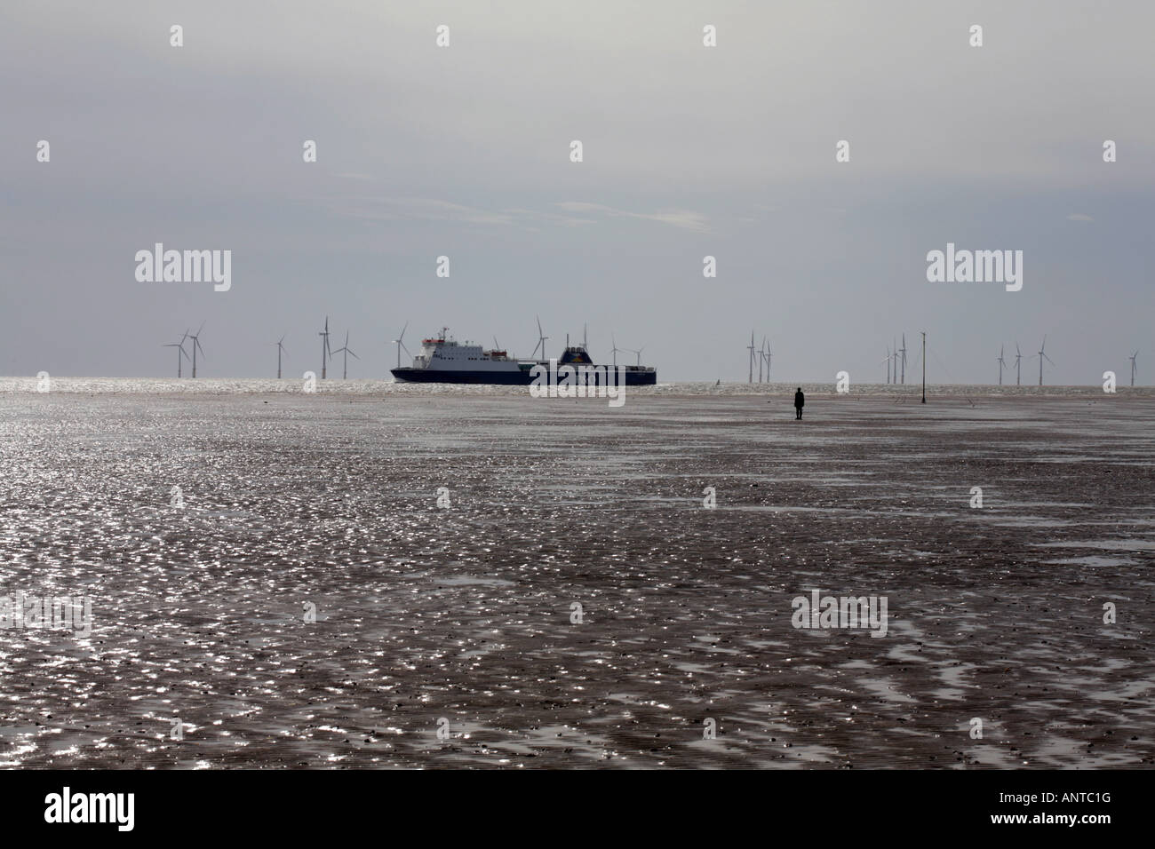 Fähre Segeln vorbei an einem anderen Ort Skulpturen am Strand von Anthony Gormley an Crosby Liverpool England Stockfoto