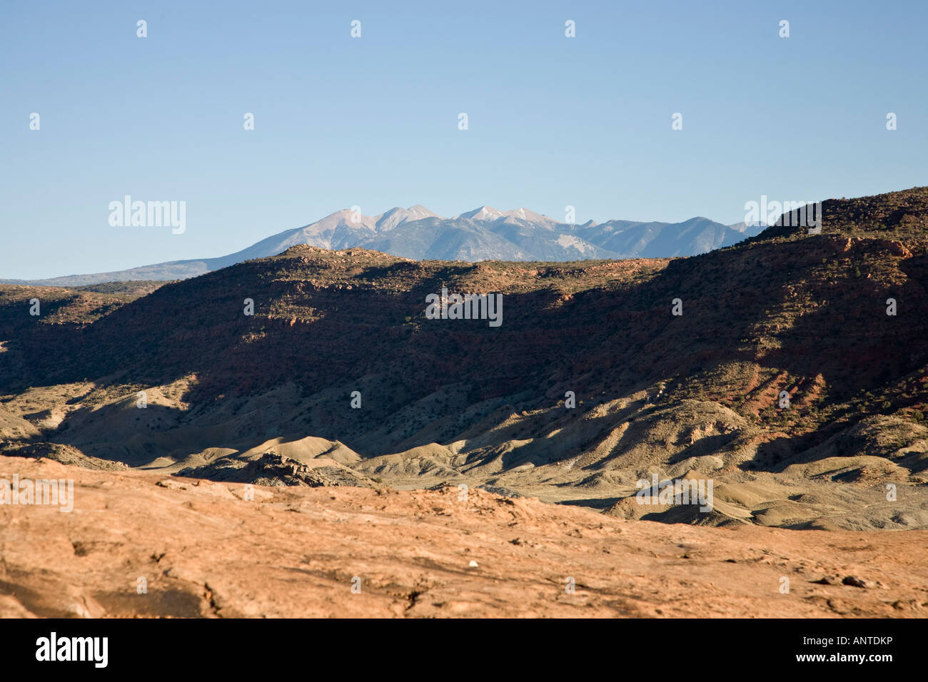 Salt Valley und La Sal Mountains im Hintergrund - Arches National Park in Utah, USA Stockfoto