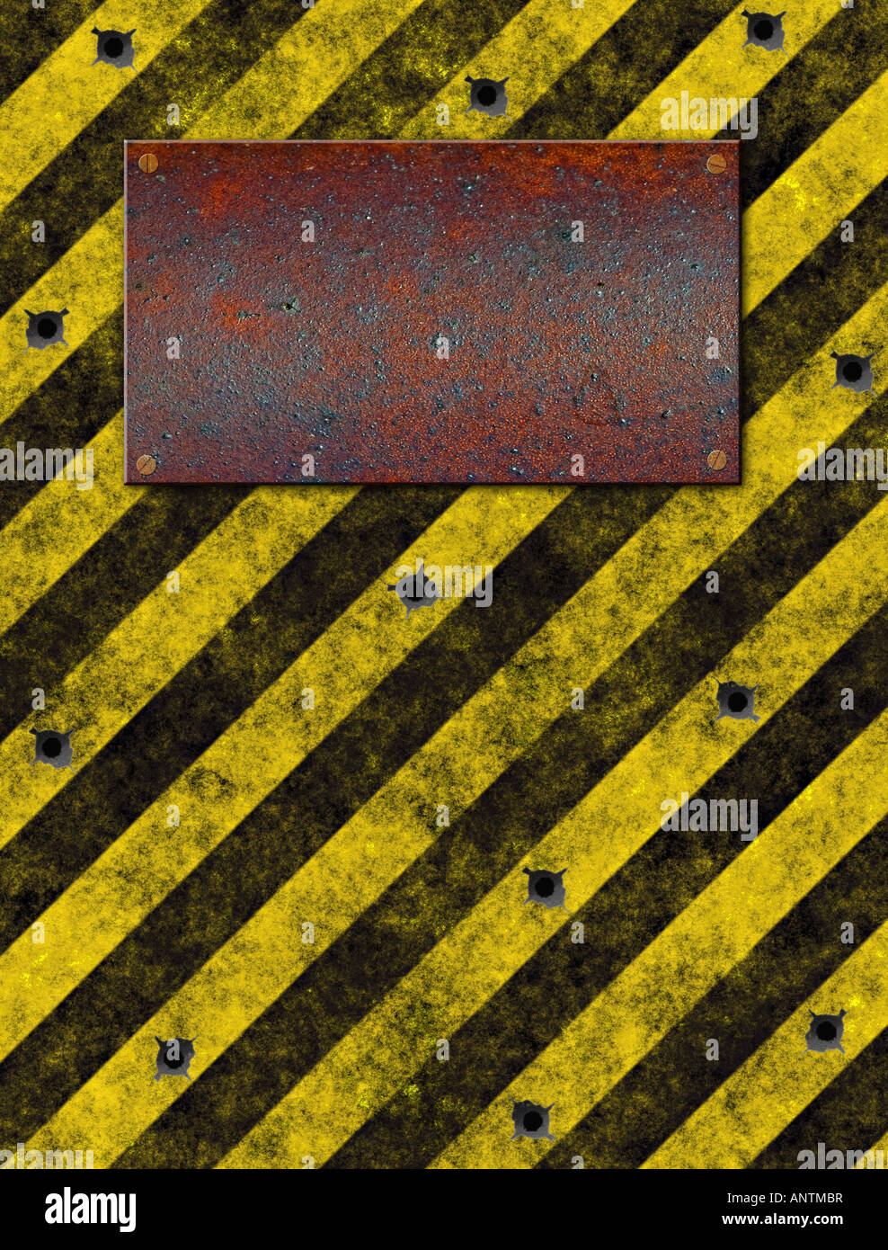 alten Grunge gelbe Warnschild mit rostigem Metall Plakette und Freiheitsmahnmal Stockfoto
