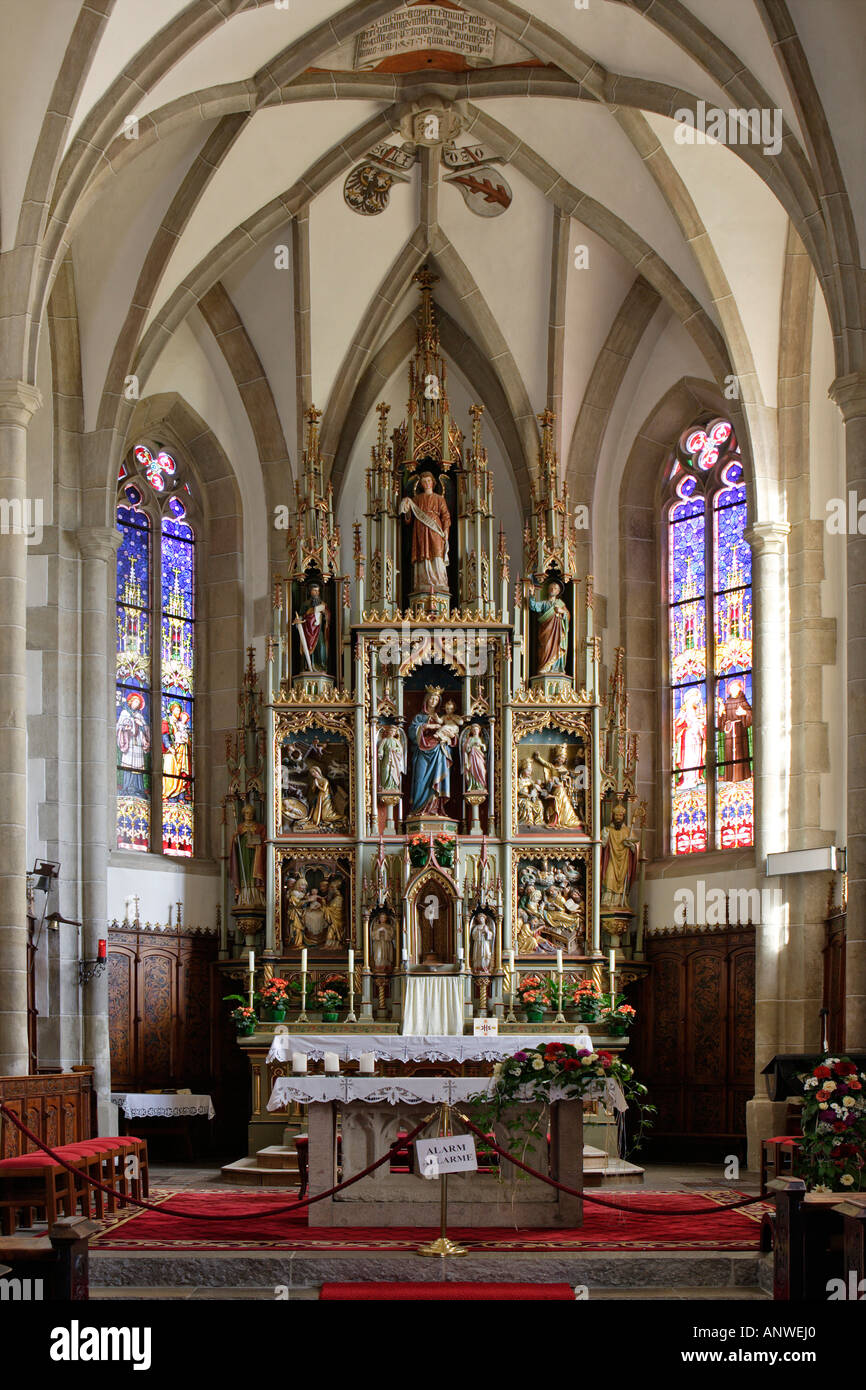 Spät gotic Altar in der Kirche eingeweiht, die den Heiligen von Ulrich und Wolfgang, Deutschnofen, eggen Tal, Südtirol, Italien Stockfoto