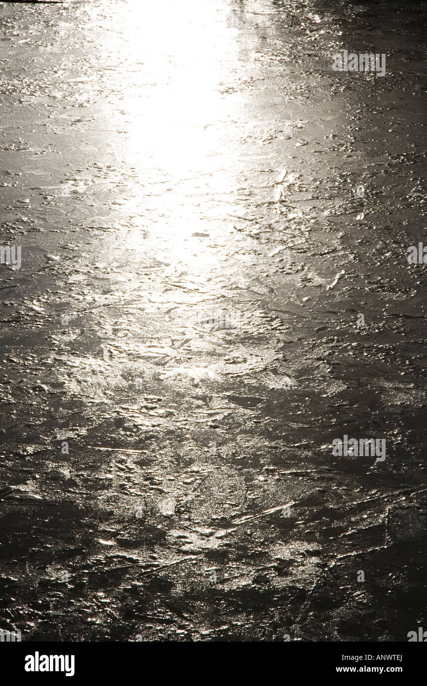 schwache Sonnenlicht reflektiert einen flachen gefrorenen Teich im winter Stockfoto