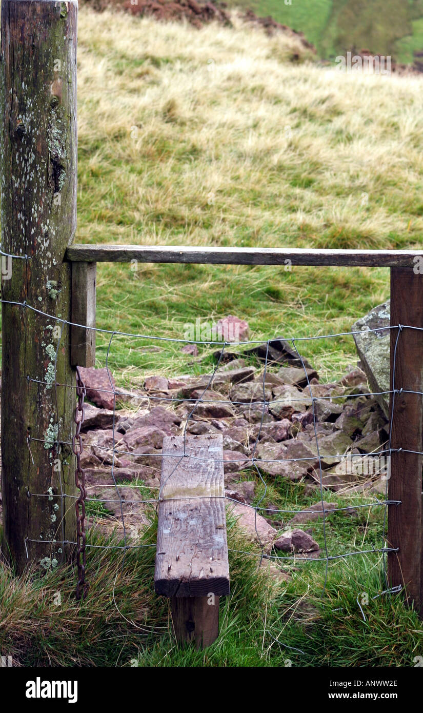 Hölzernen Stil in einem trockenen Stein Deich auf einem Hügel in Midlothian Schottland 2005 Stockfoto