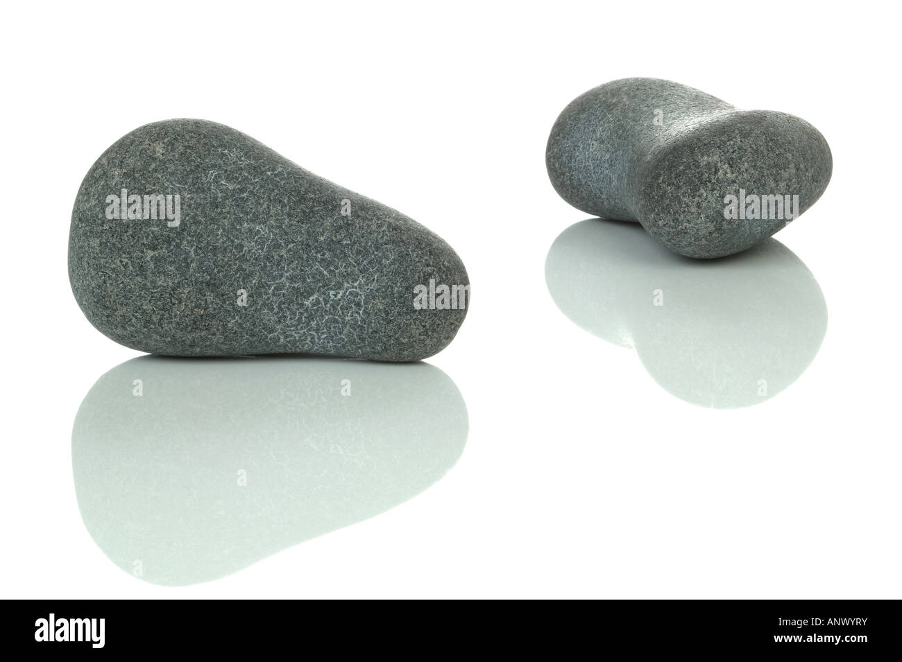 Zwei Kieselsteinen mit Reflektionen auf weißem Hintergrund Stockfoto