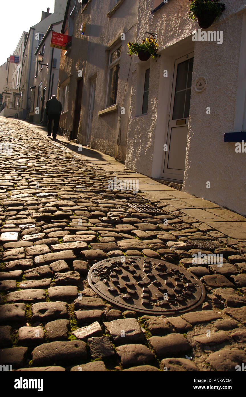 Gepflasterte Straße Hocker Hill Chepstow Stockfoto