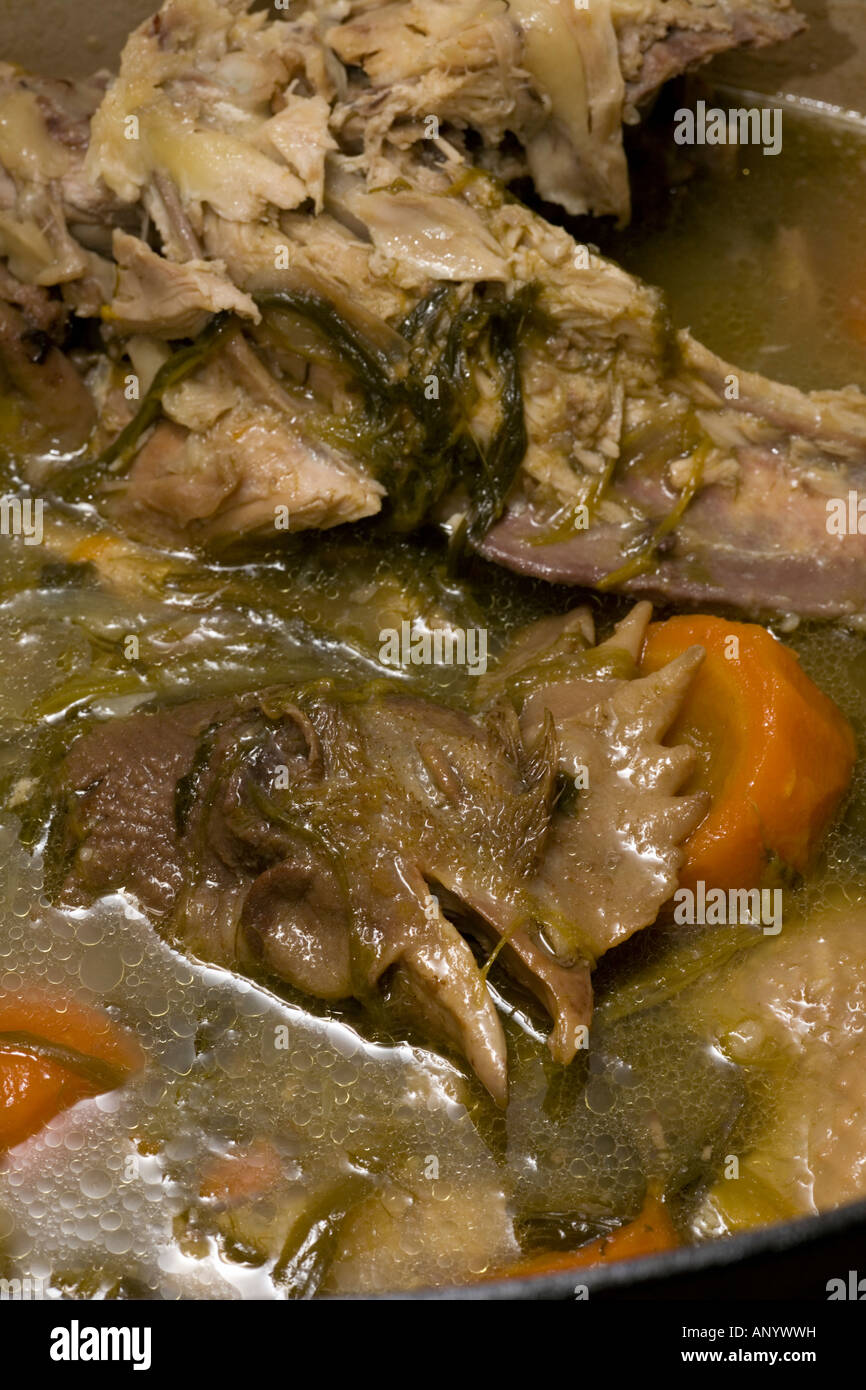 Eine Henne Kopf aus den gekochten Huhn auf Lager (Frankreich). Tête de Volaille Émergeant du Bouillon d ' une Poule au Pot (Frankreich) Stockfoto