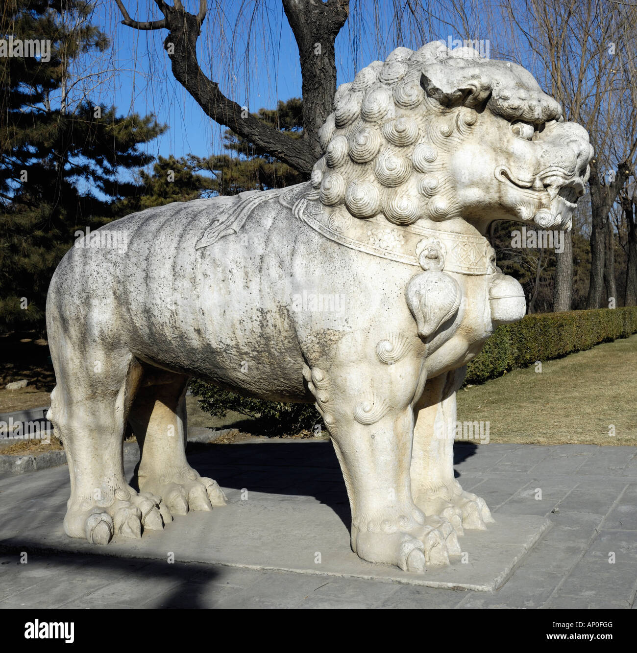 Stein-Löwen am Heiligen Weg der Ming Gräber Shisanling in Peking, China. 16. Januar 2008 Stockfoto