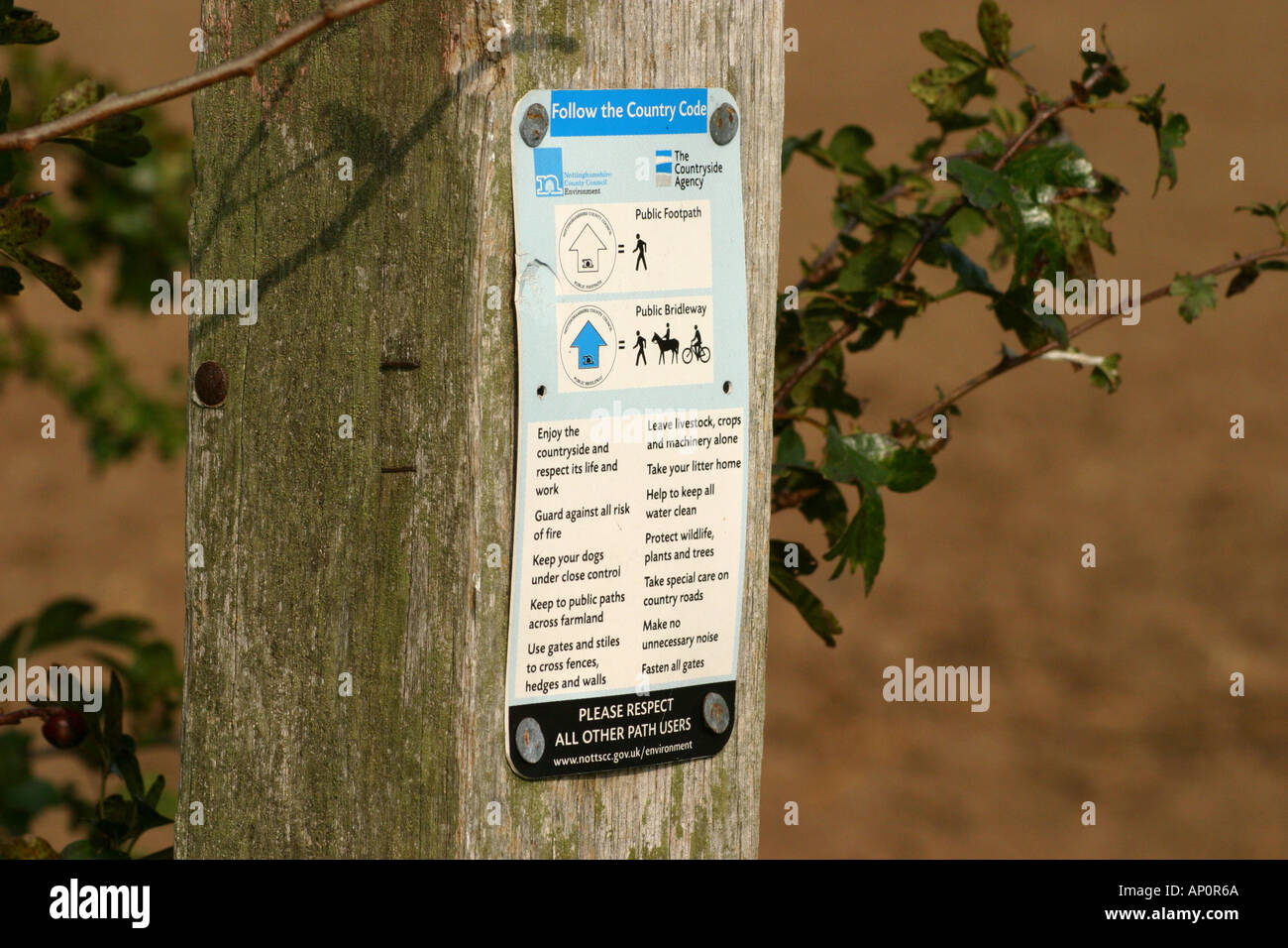 Schild mit dem Land Code in Nottinghamshire Stockfoto