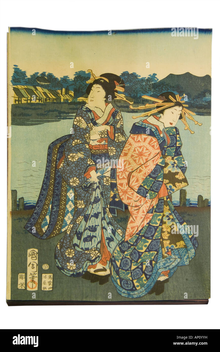 Kurtisane und junges Mädchen am Ufer der Bucht eine Holding Schwert drucken Kurtisanen Kunichika 1865 Stockfoto