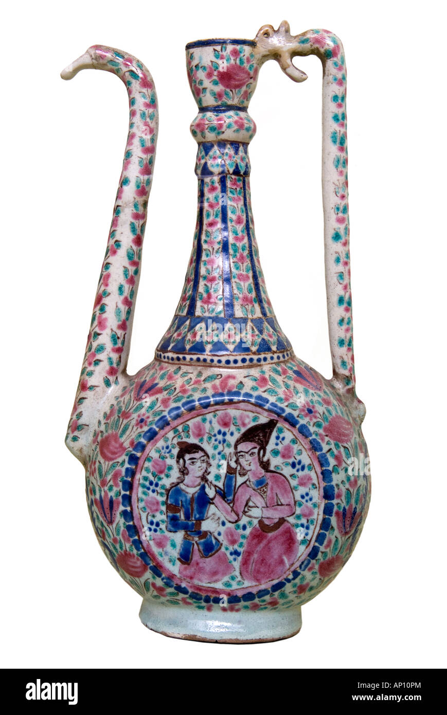 Iran spouted Ewer Keramik ceramic17 Jahrhundert overglazed Polychrom bemalte Geschirr rose pink blau türkise in undurchsichtige Emaille schwarz Stockfoto