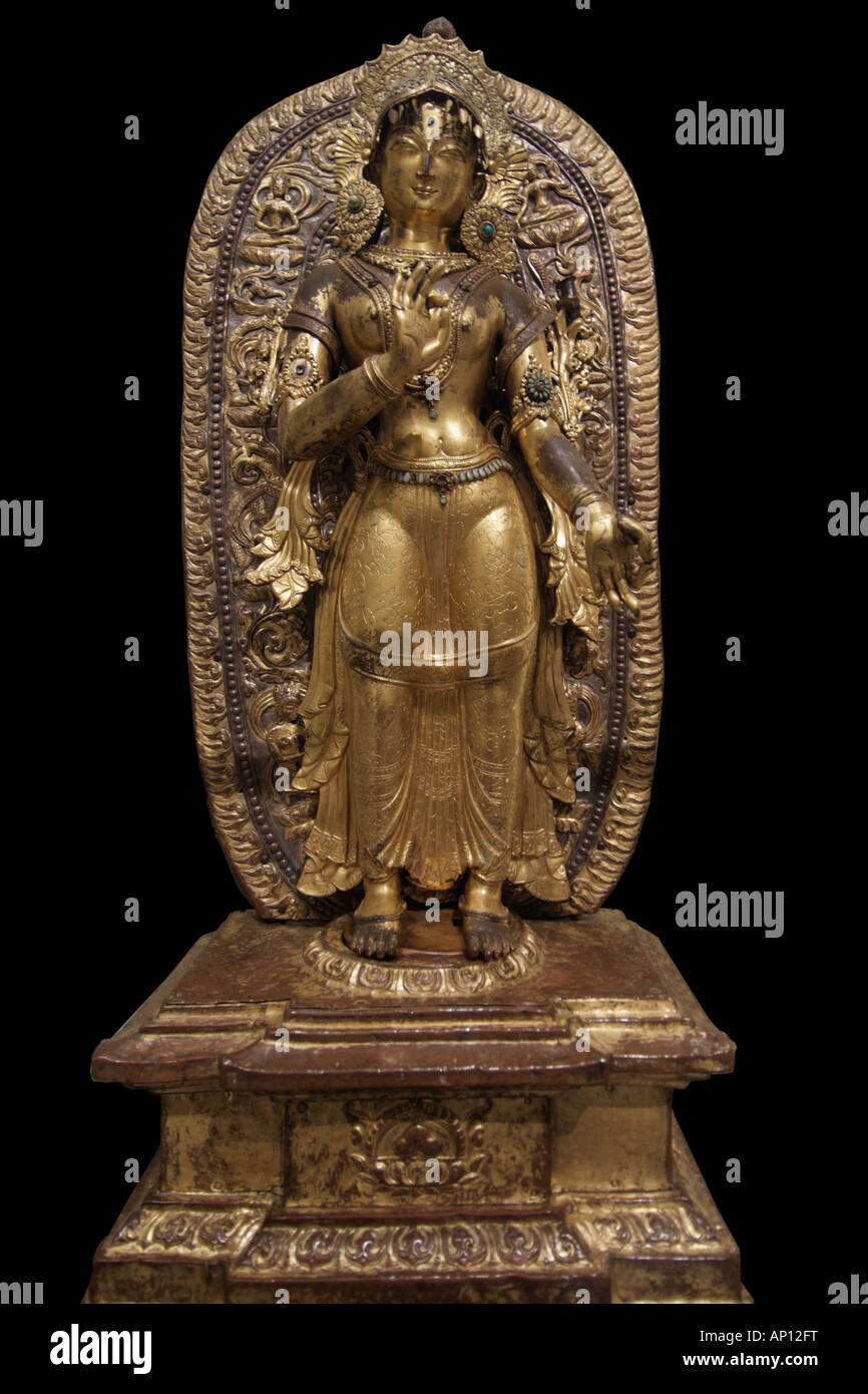 Weiße Tara friedliche gutartige Göttinnen gekleidet Reich Bejeweled Besonderheit blauen Lotus Utpala geschlossen Blütenblätter Hand kleine imag Stockfoto