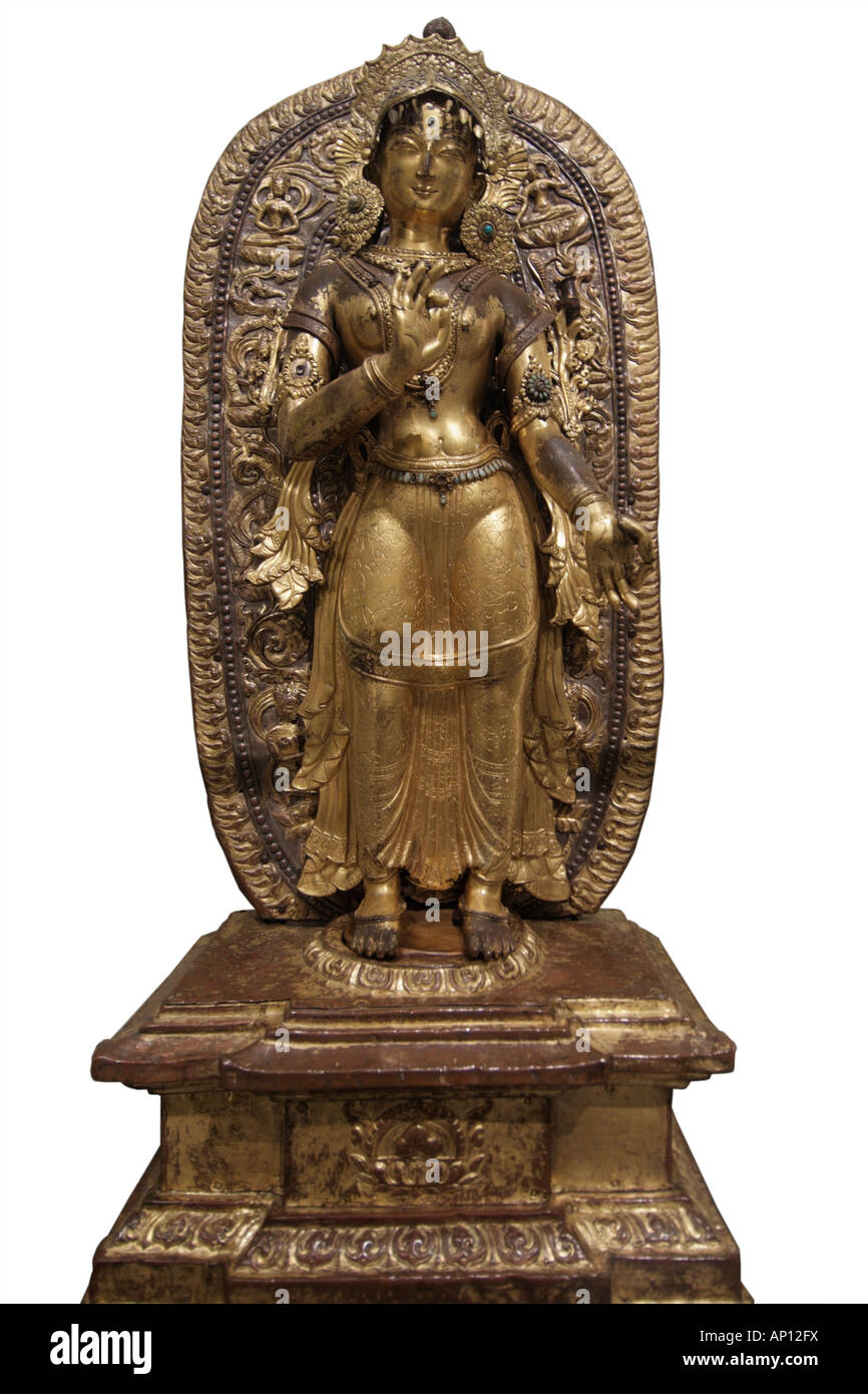 Weiße Tara friedliche gutartige Göttinnen gekleidet Reich Bejeweled Besonderheit blauen Lotus Utpala geschlossen Blütenblätter Hand kleine imag Stockfoto
