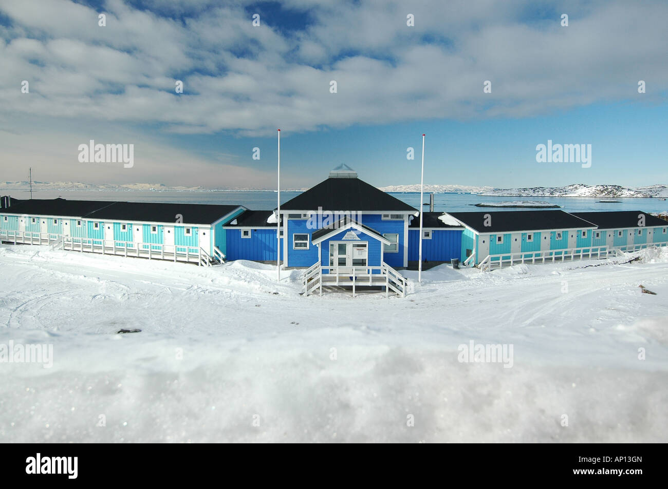 Blick auf Hotel Eisfjord an einem Tag im Winter, Ilulissat, Groenland Stockfoto