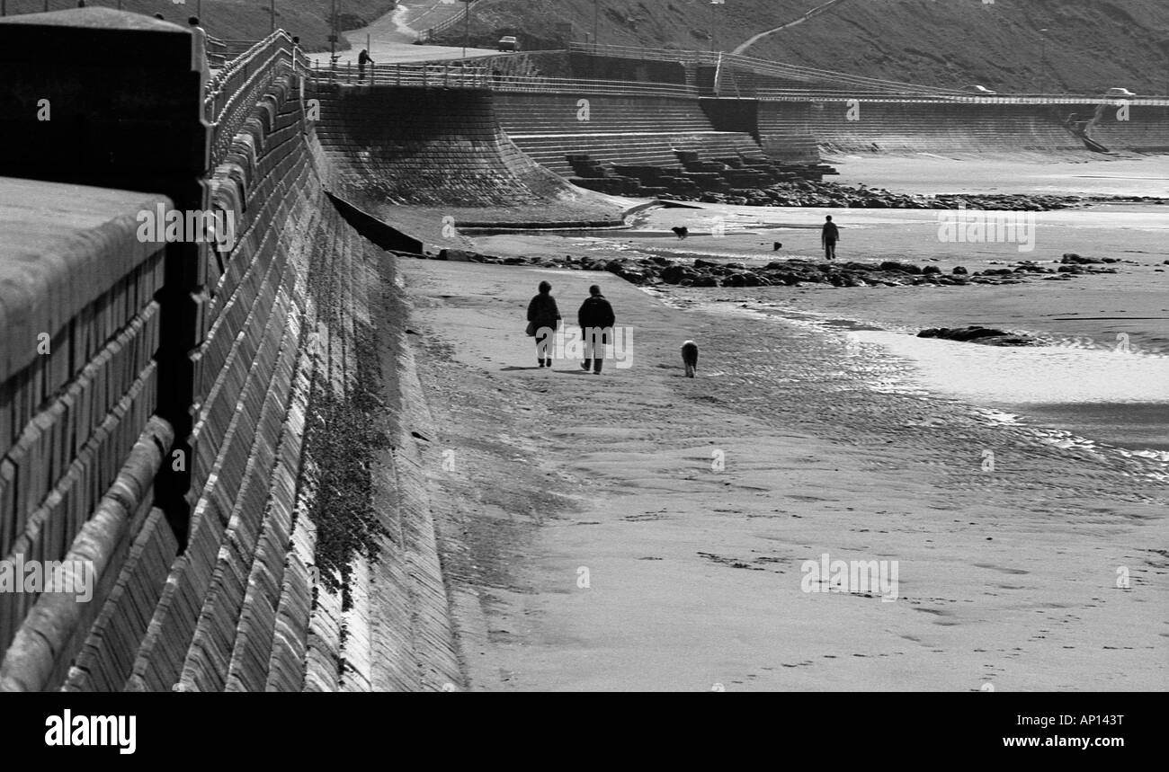 Silhouette von zwei Menschen zu Fuß Hund am Strand von Scarborough. Stockfoto
