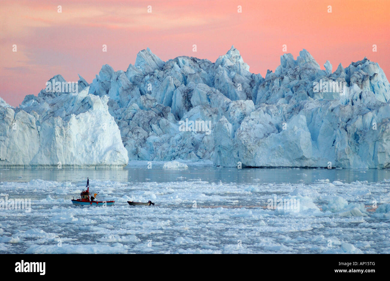 Gletscher, typische Landschaft, Mightnight Sun, Ilulissatm, Grönland Stockfoto