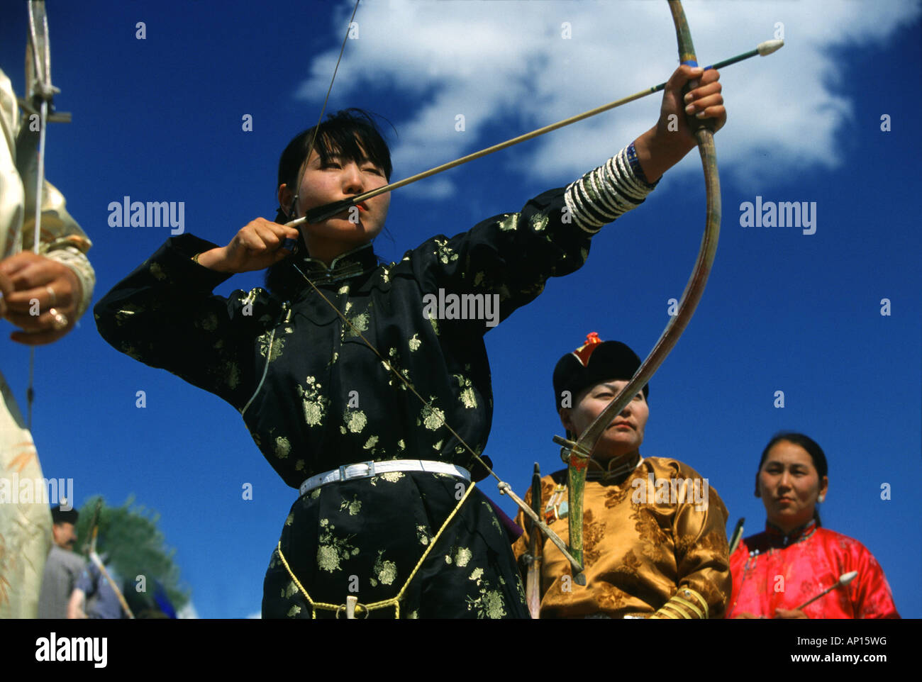 Weibliche Bogenschützen, Nadaam Festival, Ulan Bator, Mongolei, Asien Stockfoto