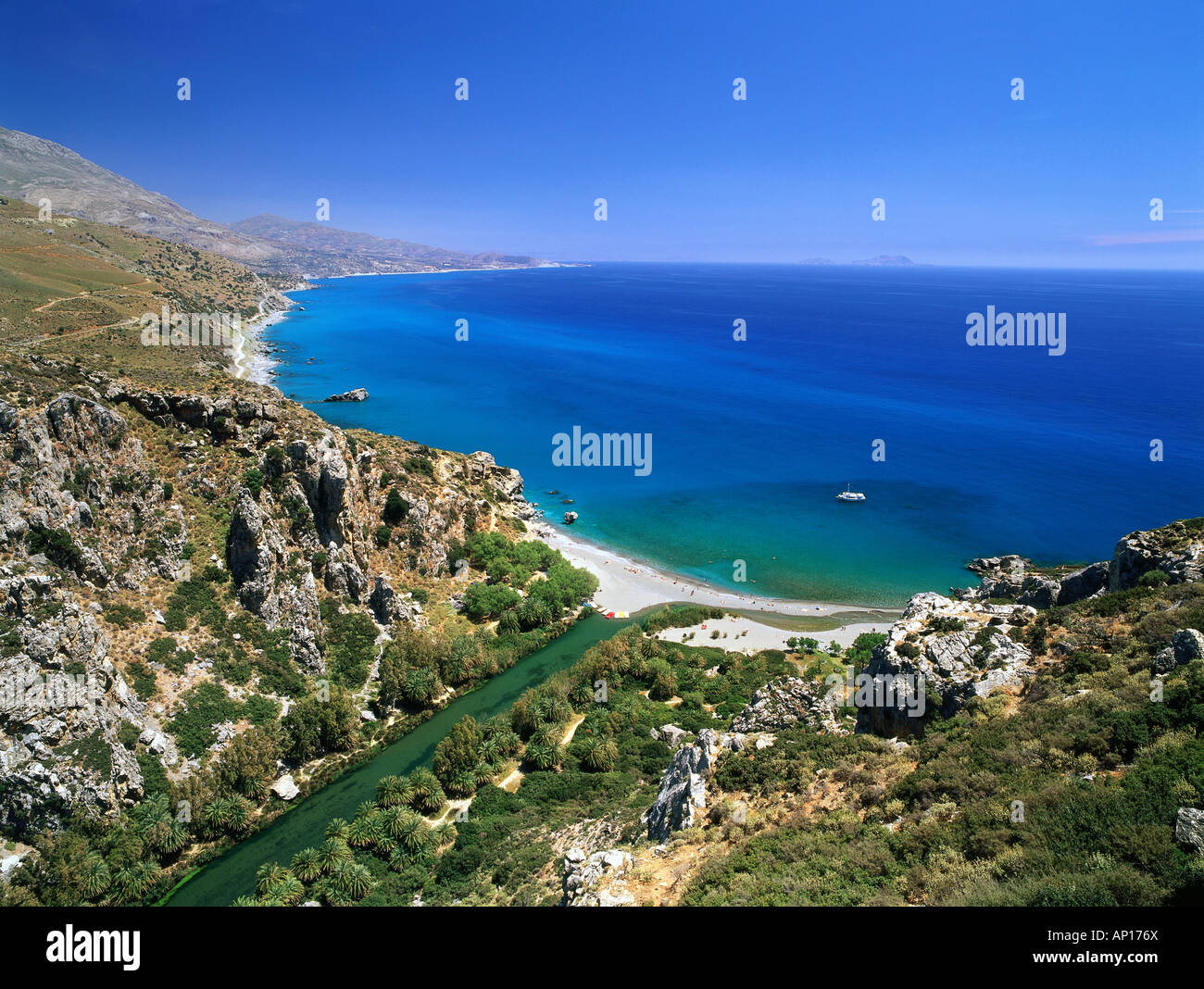 Mündung des Megalopotamos Flusses, Preveli Beach, Kreta, Griechenland Stockfoto